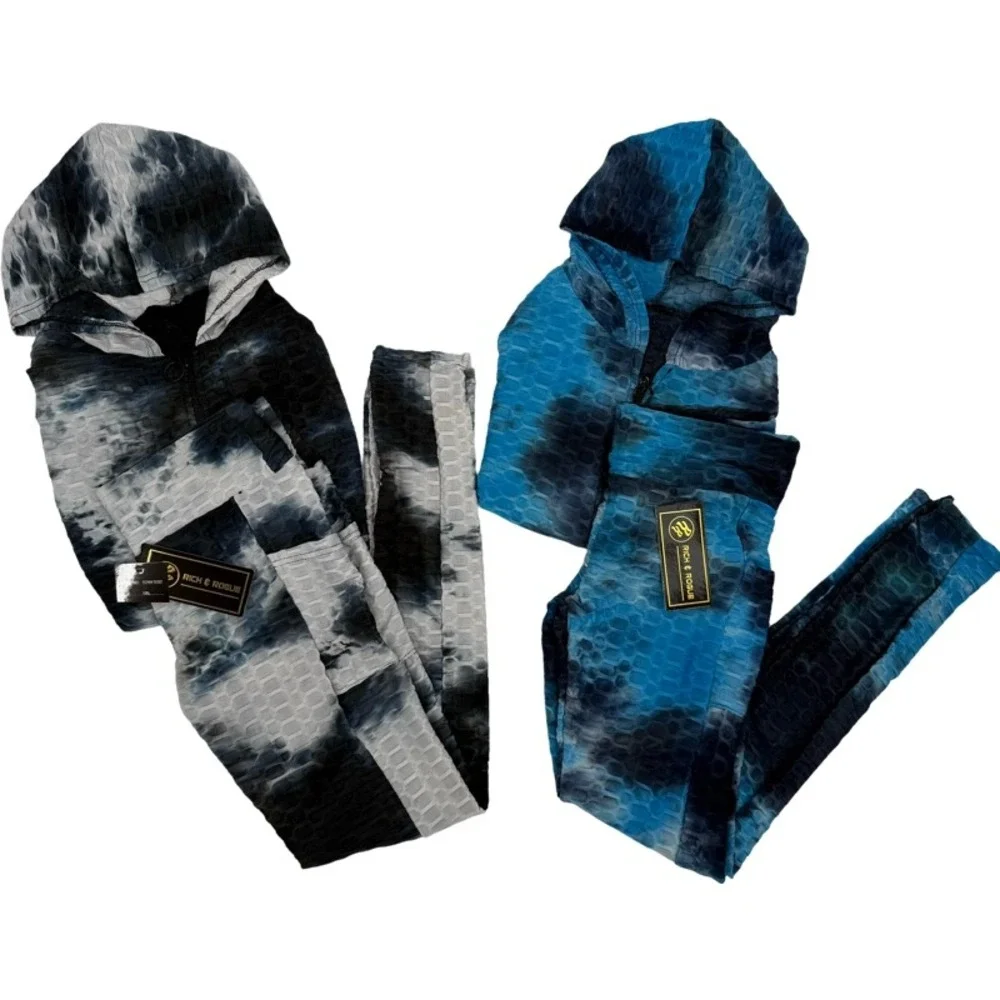 RICH & ROGUE NEW 1XL Tracksuit Lot Blue Black Tie Dye Honeycomb Textured Active